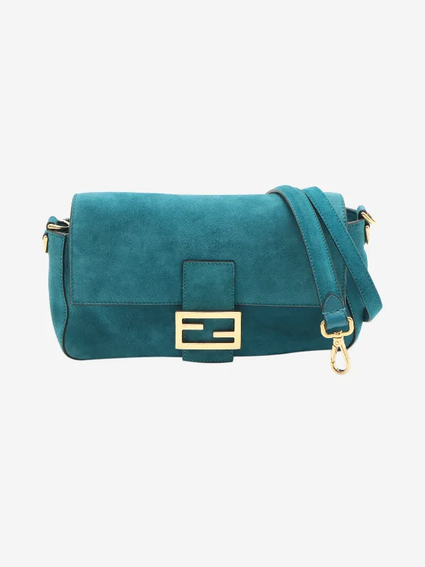 Women's Canvas Shoulder Bag in Navy with Striped Pattern for Beach TripsTeal suede Mamma Baguette bag