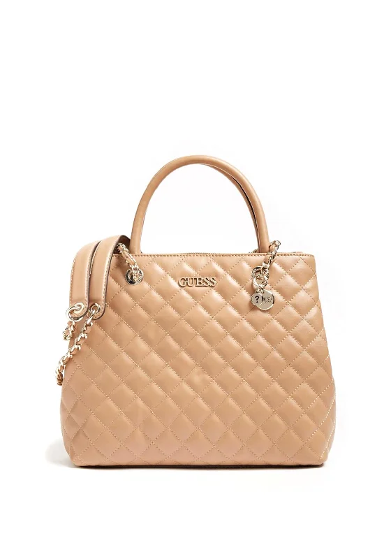 Women's Large Leather Shoulder Bag in Brown with Multiple Compartments for WorkGuess Illy Medium Quilted Satchel Bag, Beige