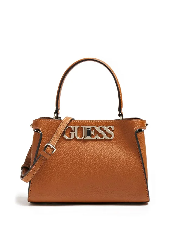 Women's Large Leather Shoulder Bag in Brown with Multiple Compartments for WorkGuess Uptown Chic Small Logo Lock Shoulder Bag, Cognac