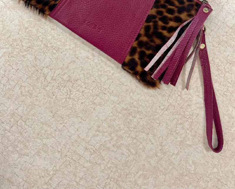 Women's Small Beaded Clutch in Silver for New Year's Eve PartyJenna Print Leather Wristlet In Burgundy/leopard