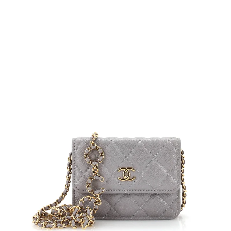 Leather Clutch with Chain Strap in Black for Cocktail PartiesMiss Coco Strap Flap Clutch with Chain Quilted Caviar Mini