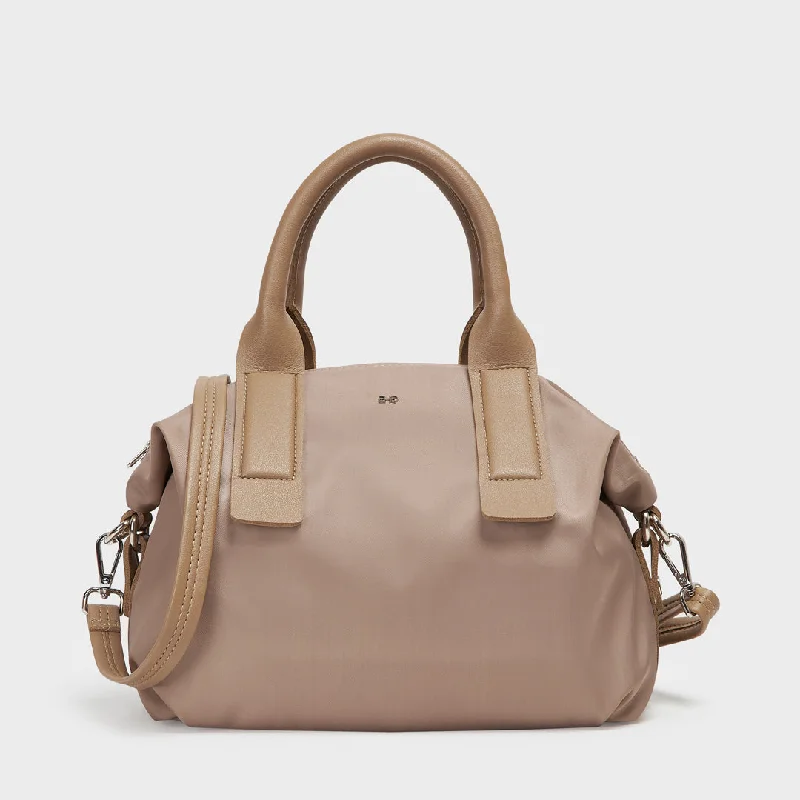 Suede Shoulder Bag in Pink with Tassel Accents for Casual OutingsNOLAN MINI SATEEN NYLON HAND & SLING BAG BEIGE