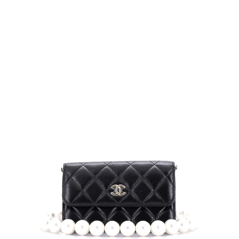 Women's Studded Leather Evening Bag in Black for Rock - n - Roll NightsPearl Strap Clutch with Chain Quilted Calfskin