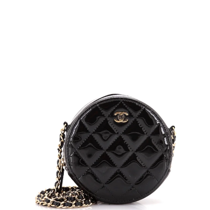 Leather Clutch with Chain Strap in Black for Cocktail PartiesRound Clutch with Chain Quilted Patent Mini