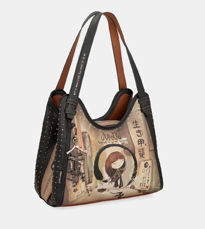 Women's Canvas Shoulder Bag in Navy with Striped Pattern for Beach TripsShōen 2-handle shoulder bag