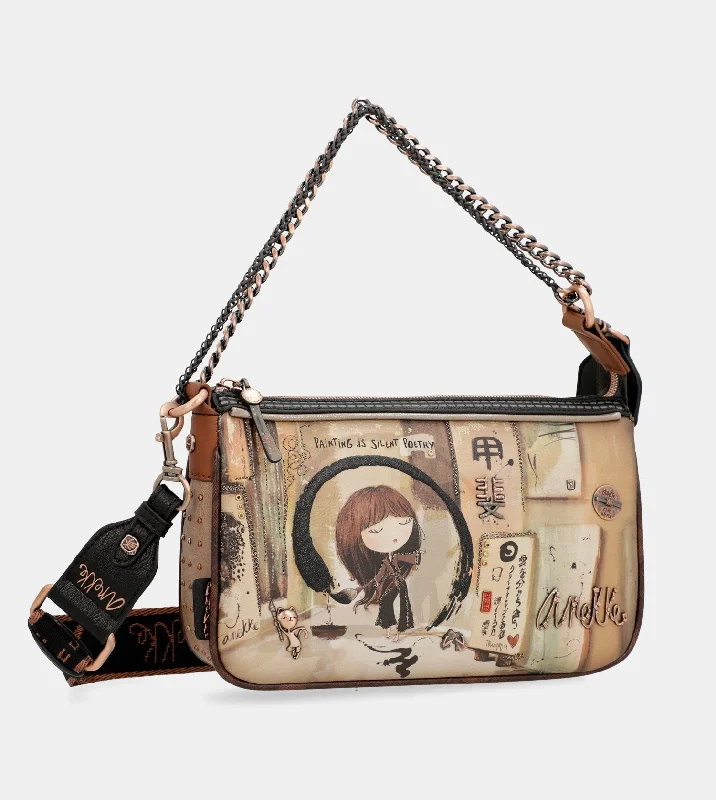 Canvas and Leather Combo Shoulder Bag in Tan for a Rustic LookShōen metal handle baguette bag