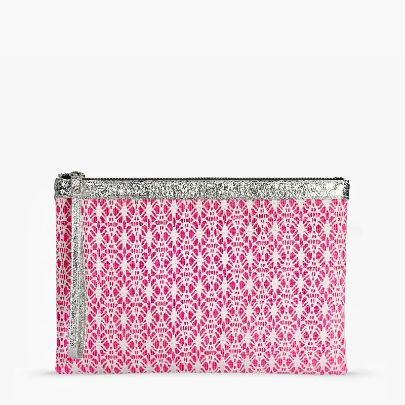Leather Clutch with Chain Strap in Black for Cocktail PartiesSilver & White Pink Lace