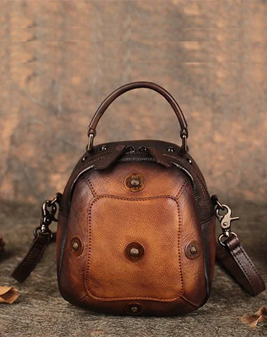 Women's Large Leather Shoulder Bag in Brown with Multiple Compartments for WorkSmall Brown Leather Womens Rivets Shoulder Bag Barrel Small Handmade Handbag Purse for Ladies