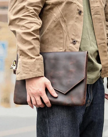Quilted Leather Evening Bag in Gray for Sophisticated EventsVintage Business Leather Mens Black Envelope Bag Document Purse Dark Brown Clutch For Men