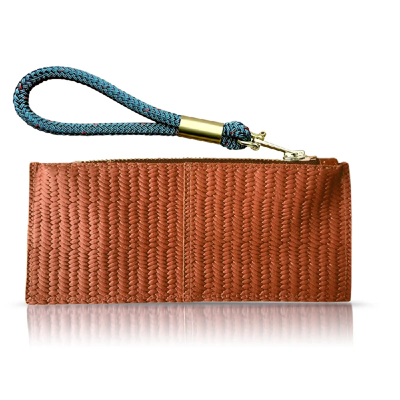 Velvet Clutch Bag in Burgundy with Crystal Embellishments for Formal DinnersLeather Clutch + Rope Wristlet in Brown Basketweave Leather