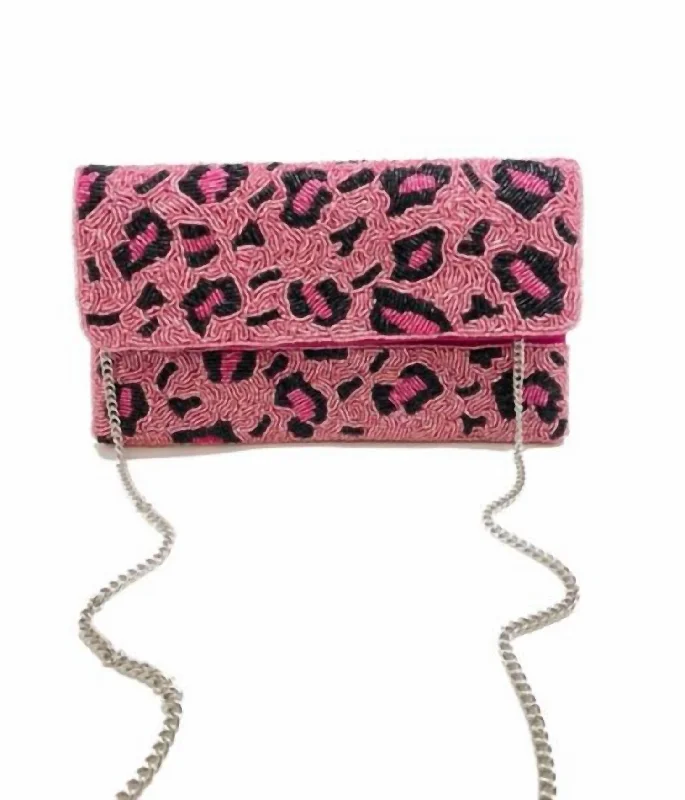 Velvet Clutch Bag in Burgundy with Crystal Embellishments for Formal DinnersWomen's Beaded Clutch In Pink Leopard