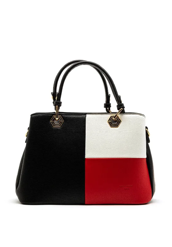 Women's Shoulder Bag with Faux Fur Strap in White for Winter StyleZen Collection Contrasted Shopper Bag, Black & White & Red