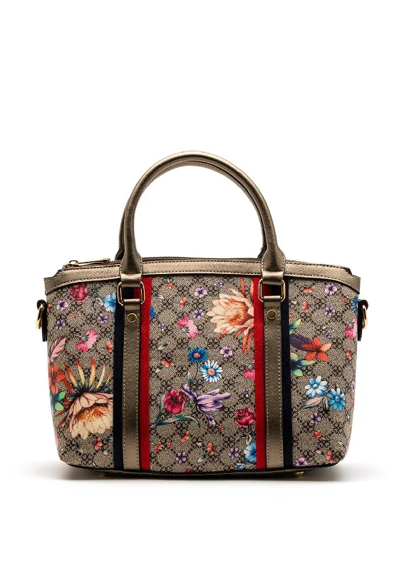 Women's Waterproof Nylon Shoulder Bag in Green for HikingZen Collection Floral Print Shopper Bag, Taupe & Silver