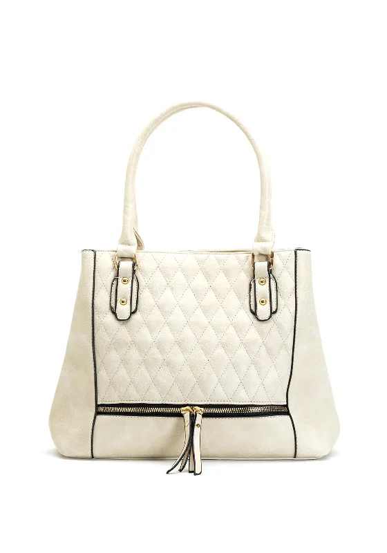 Women's Canvas Shoulder Bag in Navy with Striped Pattern for Beach TripsZen Collection Quilted Shopper Bag, Beige