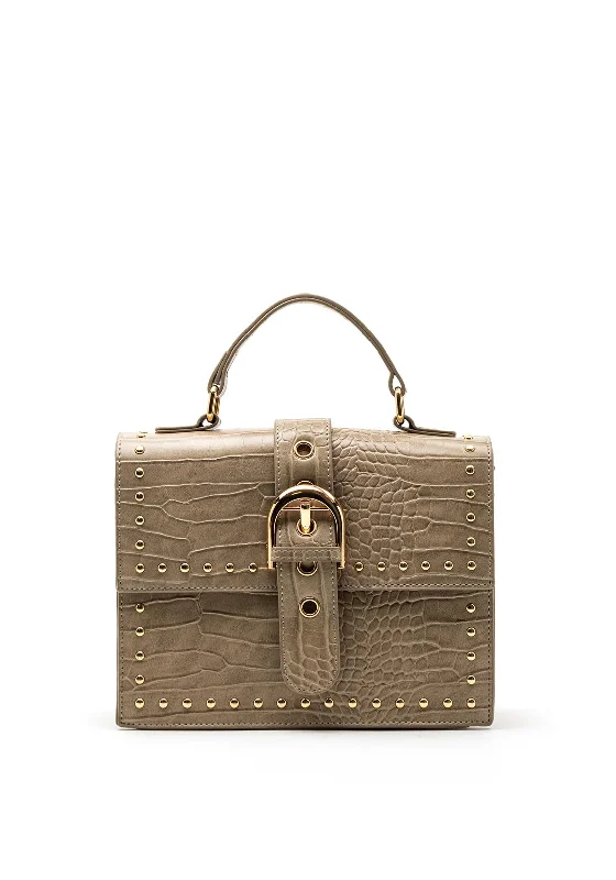 Women's Large Leather Shoulder Bag in Brown with Multiple Compartments for WorkZen Collection Small Studded Shoulder Bag, Taupe