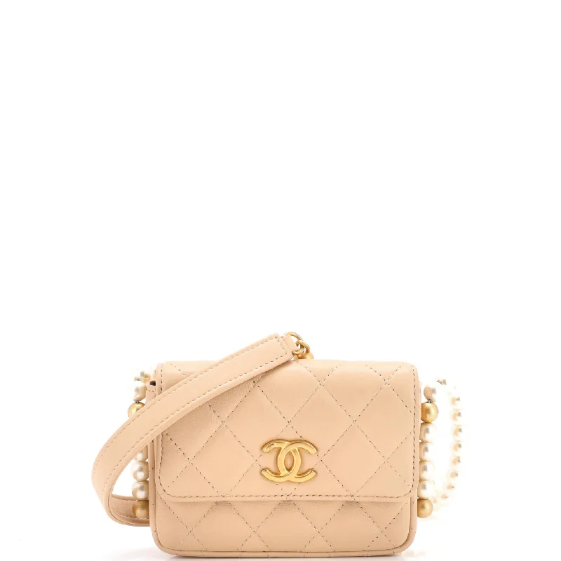 Women's Crossbody Bag with Zippered Pocket on the Back in Red for SecurityAbout Pearls Flap Card Holder with Chain Quilted Calfskin