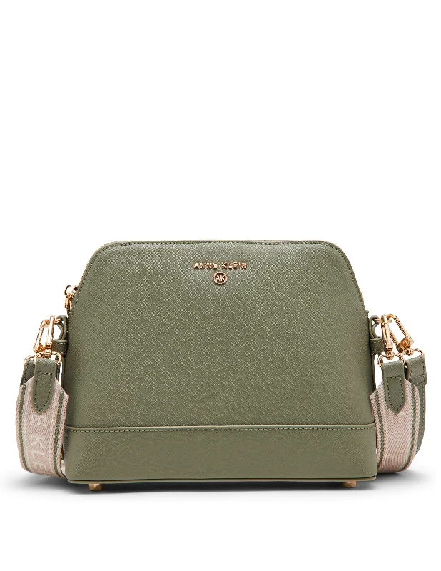 Women's Small Leather Crossbody Bag in Black with Gold Hardware for Evening PartiesAnne Klein Dome Crossbody With Logo Web Strap Women's Small Leather Crossbody Bag in Black with Gold Hardware for Evening PartiesAnne Klein Dome Crossbody With Logo Web Strap
