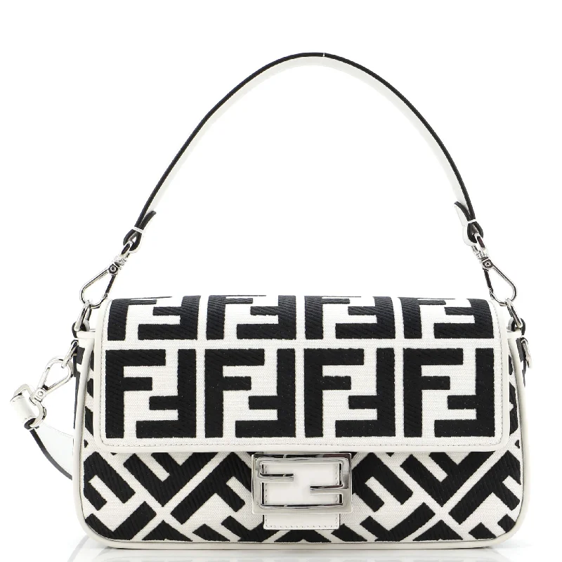 Women's Shoulder Bag with Faux Fur Strap in White for Winter StyleBaguette NM Bag Zucca Embroidered Canvas Medium