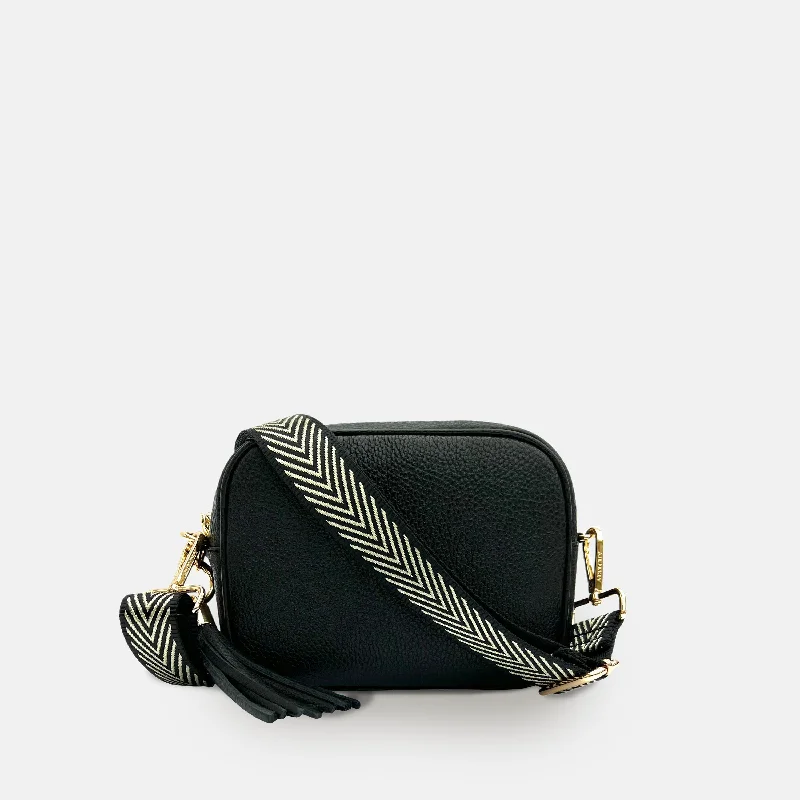 Large Faux Leather Crossbody Bag in Brown with Tassel Details for Casual TravelBlack Leather Crossbody Bag With Black & Gold Chevron Strap