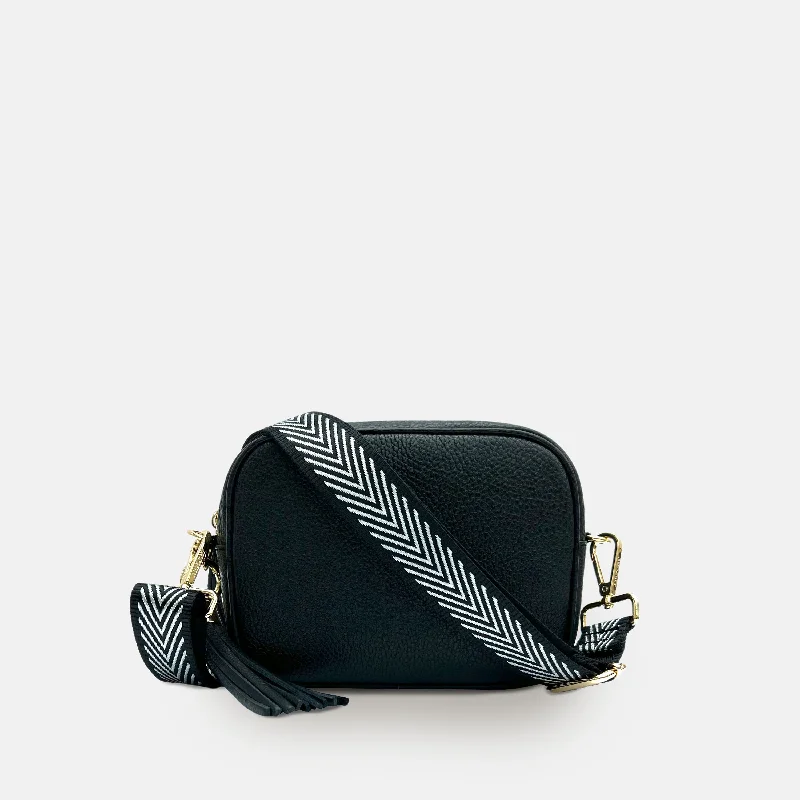 Women's Crossbody Bag with Zippered Pocket on the Back in Red for SecurityBlack Leather Crossbody Bag With Black & Silver Chevron Strap