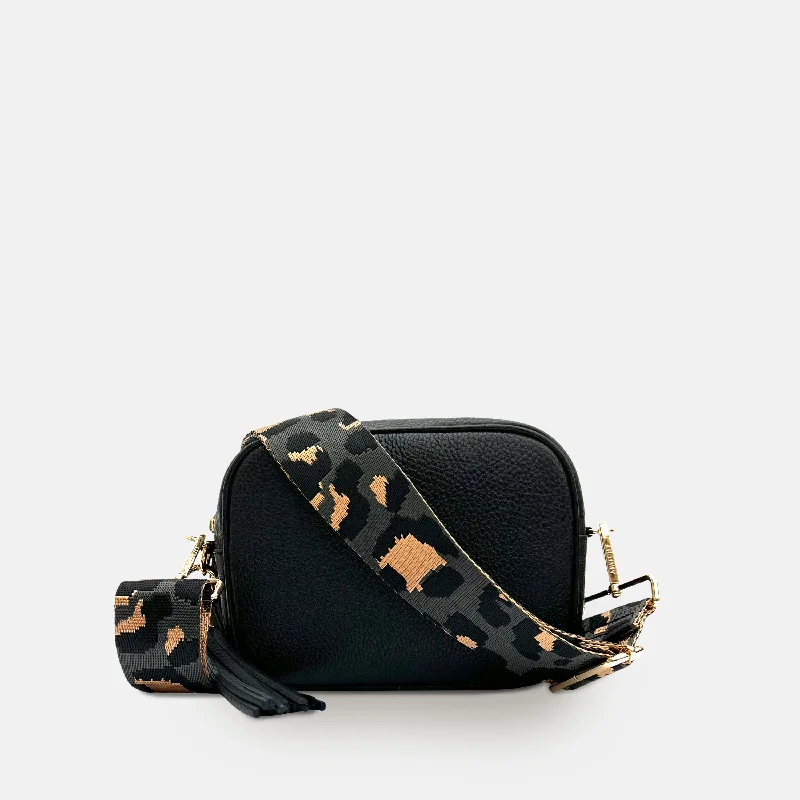 Straw Crossbody Bag in Natural Color for Beach Vacations and Summer DaysBlack Leather Crossbody Bag With Grey Leopard Strap