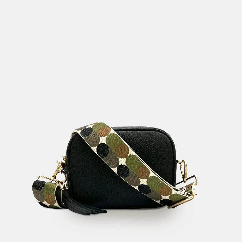 Women's Crossbody Bag with RFID - Blocking Pocket in Black for Safe TravelBlack Leather Crossbody Bag With Khaki Pills Strap