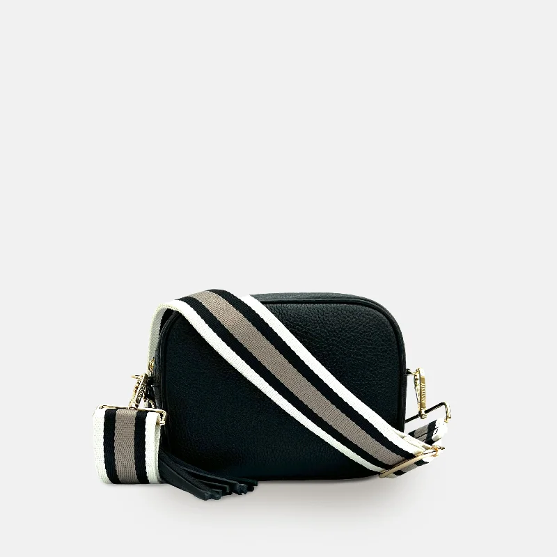 Leather - Trimmed Denim Crossbody Bag in Blue for a Vintage - Inspired LookBlack Leather Crossbody Bag With Latte Stripe Strap