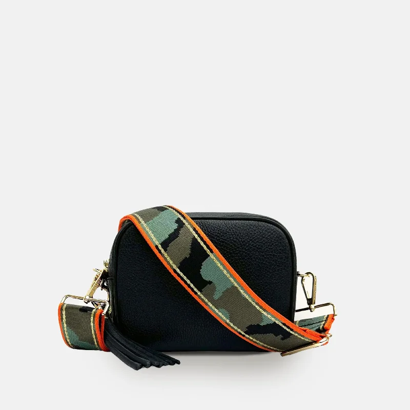 Suede Crossbody Bag in Olive Green for Fall Fashion StatementsBlack Leather Crossbody Bag With Orange & Gold Stripe Camo Strap