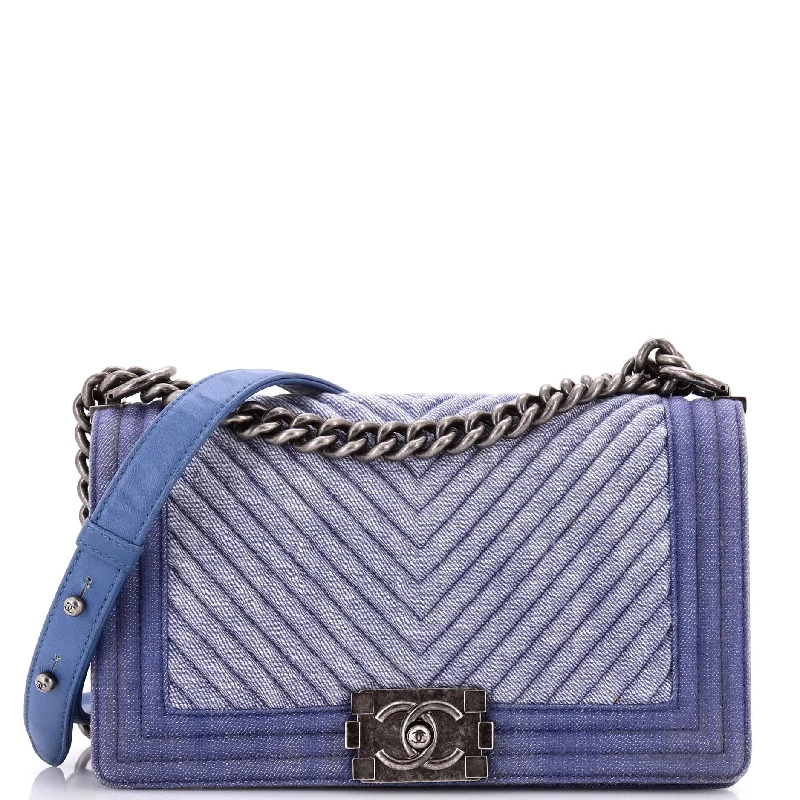Embroidered Denim Shoulder Bag in Blue for a Vintage VibeBoy Flap Bag Chevron Denim Old Medium