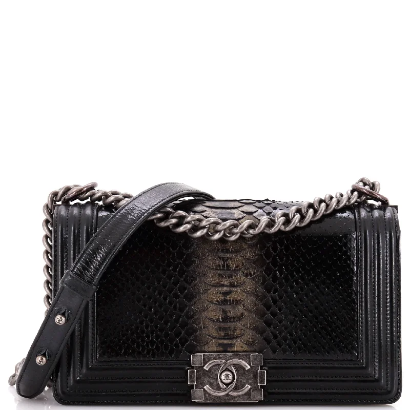 Women's Canvas Shoulder Bag in Navy with Striped Pattern for Beach TripsBoy Flap Bag Python and Patent Old Medium