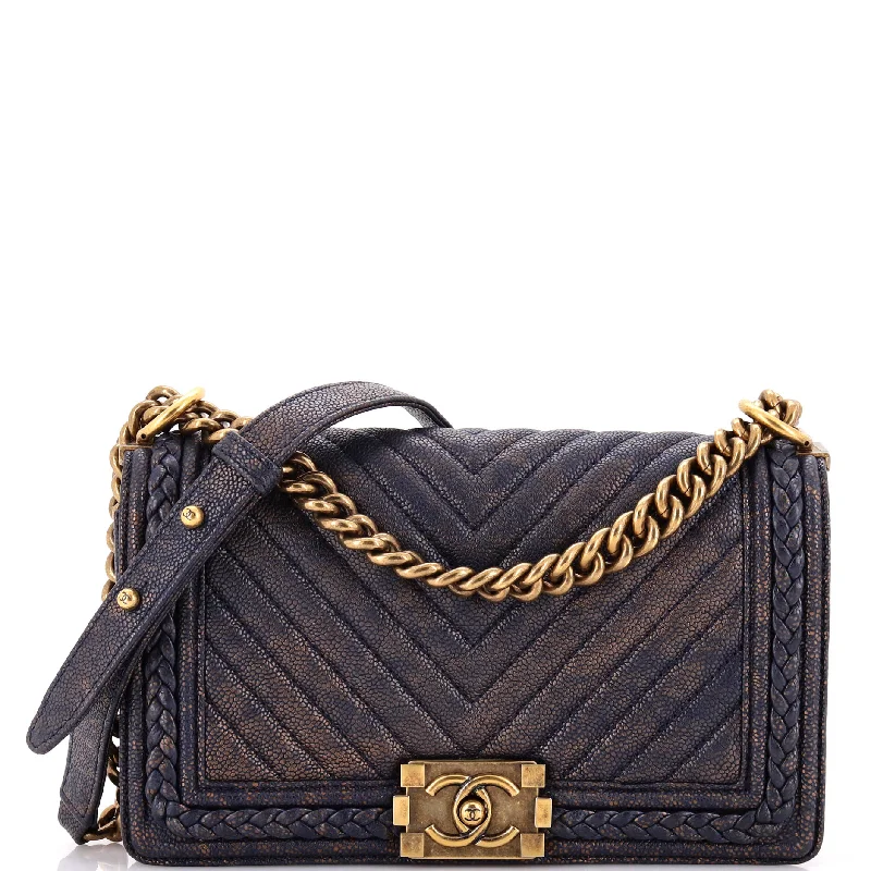 Leather Shoulder Bag with Magnetic Closure in Black for Quick AccessBraided Boy Flap Bag Patinated Chevron Caviar Old Medium