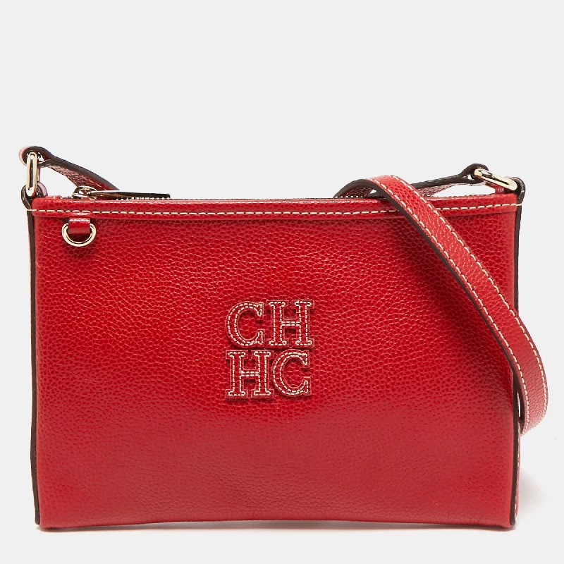 Women's Crossbody Bag with Zippered Pocket on the Back in Red for SecurityCarolina Herrera Red Leather Logo Zip Crossbody Bag
