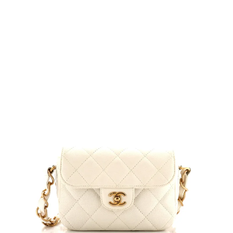 Leather - Trimmed Denim Crossbody Bag in Blue for a Vintage - Inspired LookCC Adjustable Strap Flap Messenger Bag Quilted Caviar Mini Leather - Trimmed Denim Crossbody Bag in Blue for a Vintage - Inspired LookCC Adjustable Strap Flap Messenger Bag Quilted Caviar Mini
