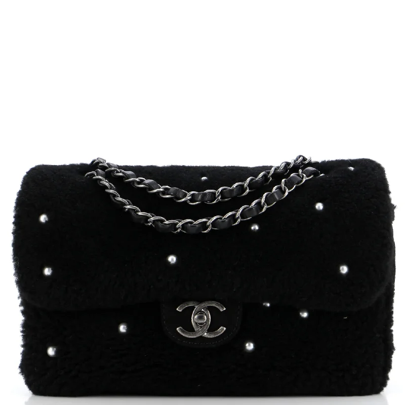 Suede Shoulder Bag in Pink with Tassel Accents for Casual OutingsCC Chain Flap Bag Pearl Embellished Shearling Medium