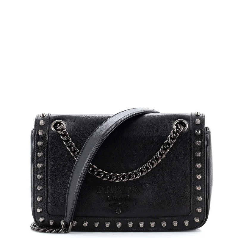 Women's Small Leather Crossbody Bag in Black with Gold Hardware for Evening PartiesChain Flap Bag Studded Glace Calf Small
