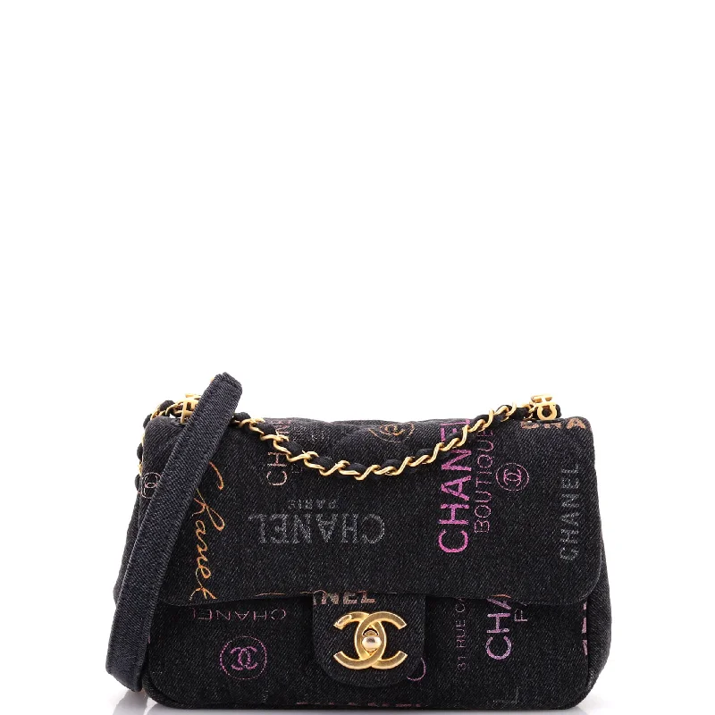 Women's Canvas Shoulder Bag in Navy with Striped Pattern for Beach TripsDenim Mood Flap Bag Logo Printed Quilted Denim Small