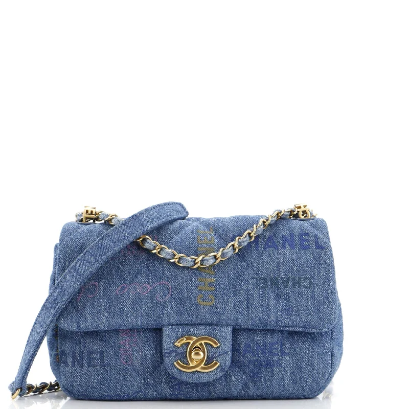 Vegan Leather Shoulder Bag in Gray for Ethical Fashion LoversDenim Mood Flap Bag Logo Printed Quilted Denim Small