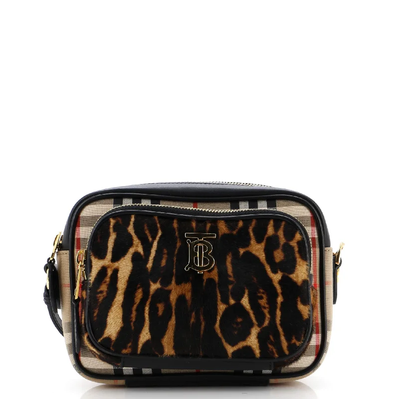 Women's Mini Crossbody Bag in Pink Velvet with Rhinestone Accents for Girls' Nights OutFront Pocket Camera Bag Vintage Check Canvas with Printed Pony Hair