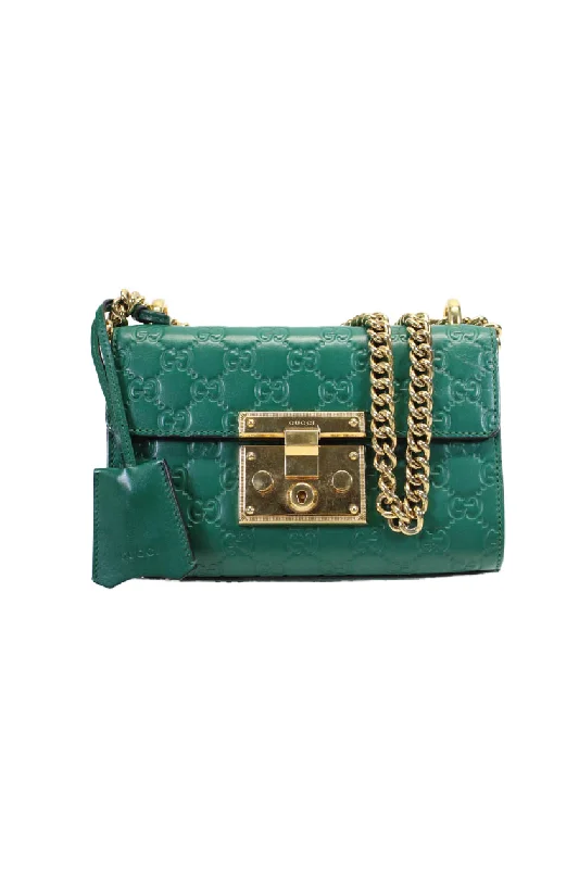 Crossbody Shoulder Bag in Black Leather with Gold Hardware for Night OutsGucci Womens Small GG Signature Padlock Shoulder Handbag Green Gold Tone