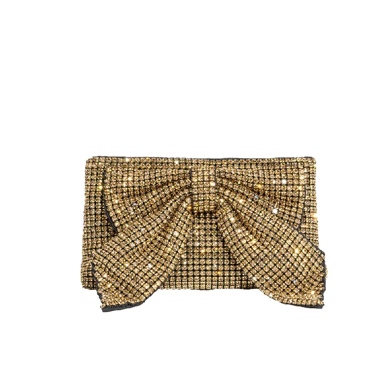 Women's Small Leather Crossbody Bag in Black with Gold Hardware for Evening PartiesJada Gold Bow Clutch Crossbody Bag