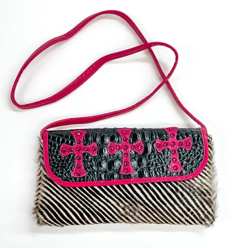 Women's Small Leather Crossbody Bag in Black with Gold Hardware for Evening PartiesKurtMen Designs | Pink Crystal Cross Crocodile and Zebra Crossbody Clutch