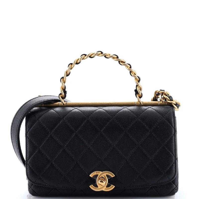 Women's Shoulder Bag with Floral Embroidery in Purple for Spring WalksLa Parisienne Chain Top Handle Flap Bag Quilted Lambskin Medium