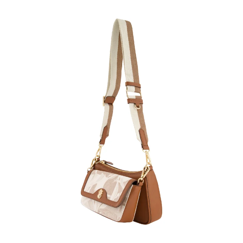 Large Faux Leather Crossbody Bag in Brown with Tassel Details for Casual TravelLeather Trim Floral Double Crossbody