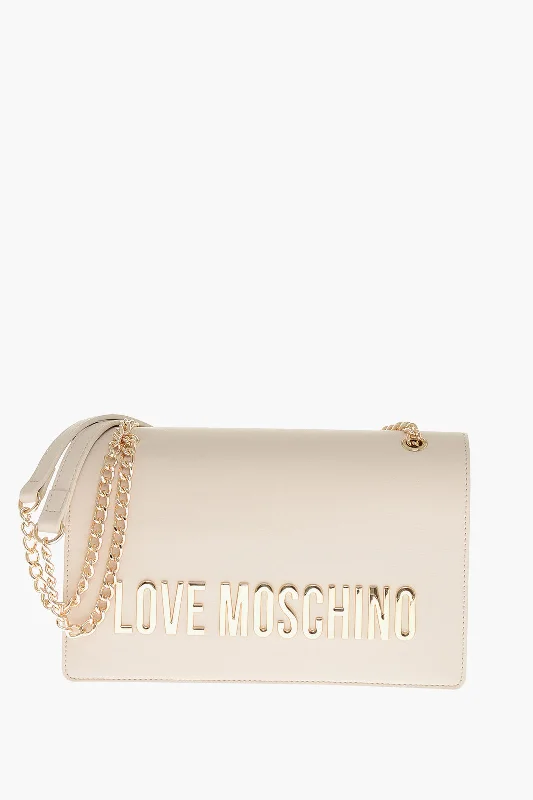 Women's Canvas Shoulder Bag in Navy with Striped Pattern for Beach TripsMoschino Love Faux Leather Shoulder Bag With Golden Lettering-Logo