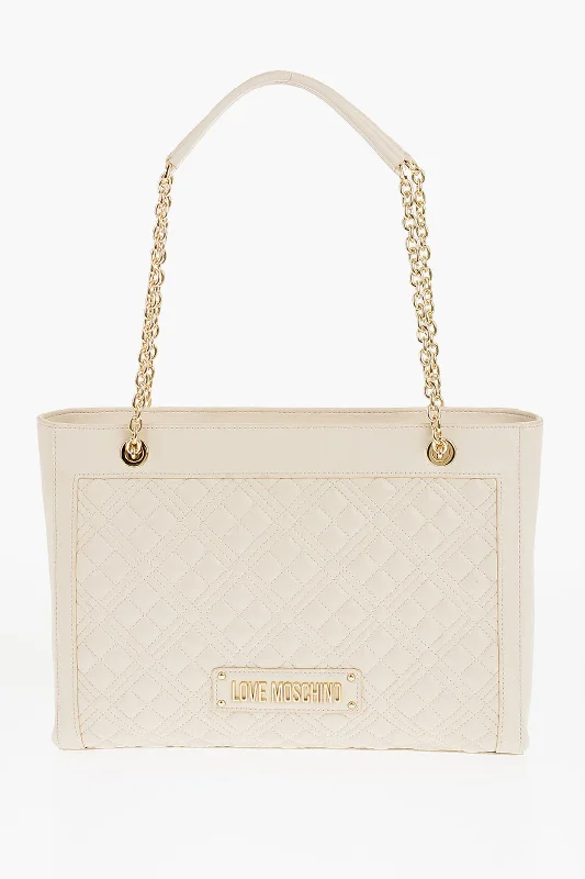 Quilted Shoulder Bag in Cream for a Classic and Elegant LookMoschino Love Quilted Faux Leather Shoulder Bag With Golden Logo