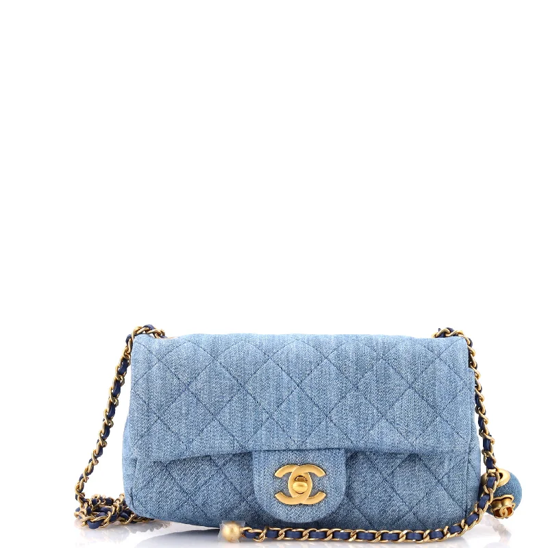 Canvas and Leather Combo Shoulder Bag in Tan for a Rustic LookPearl Crush Flap Bag Quilted Denim Mini