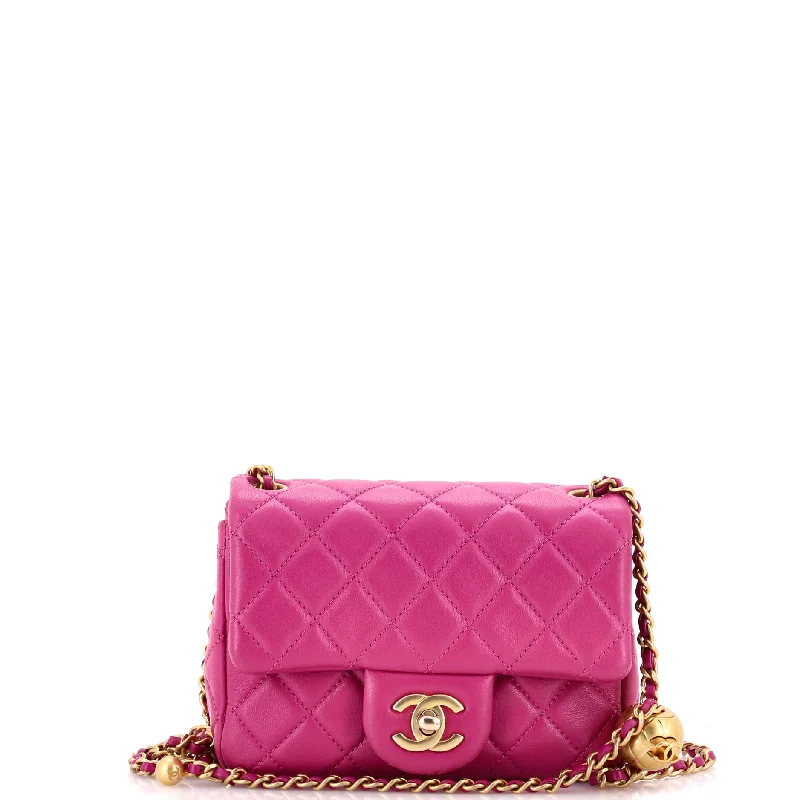 Suede Shoulder Bag in Pink with Tassel Accents for Casual OutingsPearl Crush Square Flap Bag Quilted Lambskin Mini