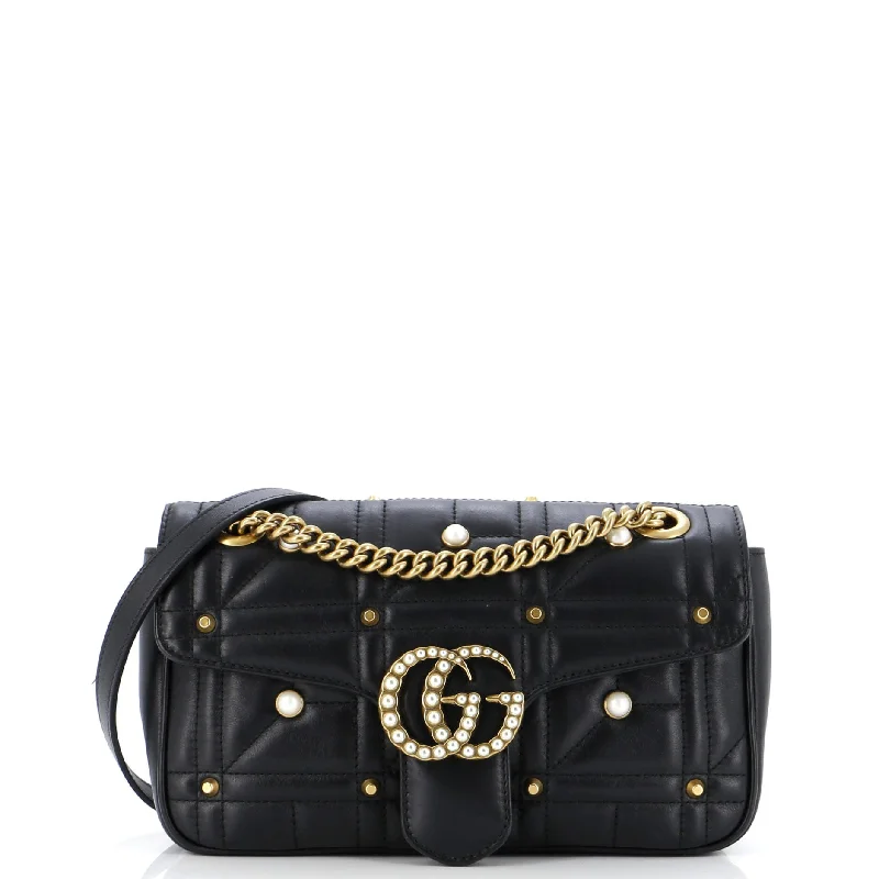 Women's Shoulder Bag with Floral Embroidery in Purple for Spring WalksPearly GG Marmont Flap Bag Embellished Matelasse Leather Small