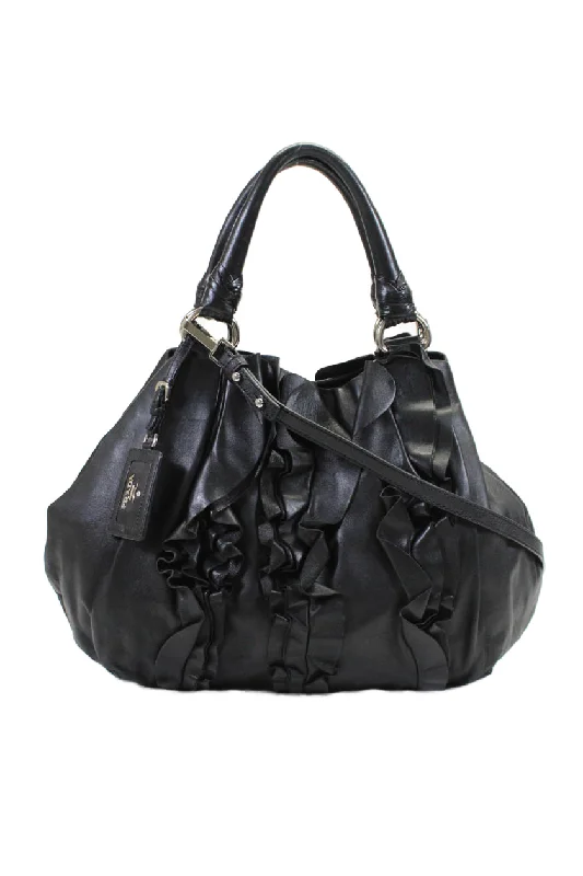 Women's Shoulder Bag with Fringe Details in Brown for a Bohemian StylePrada Womens Black Ruffle Nappa Frill Leather Hobo Shoulder Bag Handbag