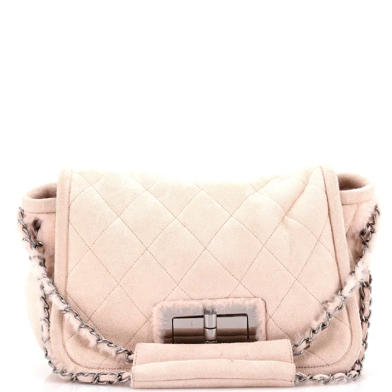 Women's Shoulder Bag with Faux Fur Strap in White for Winter StyleReissue Flap Bag Quilted Suede and Shearling Small